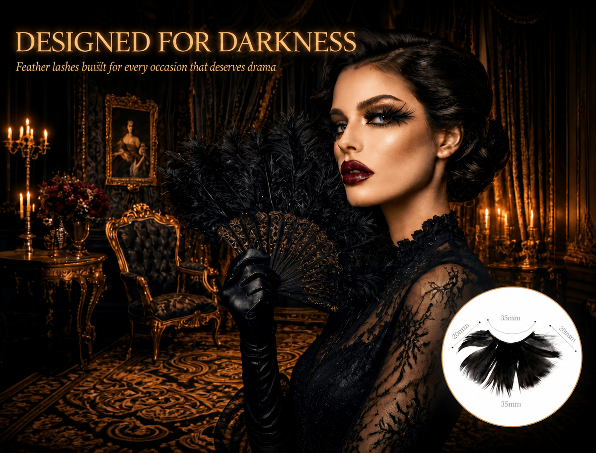 Dorisue Feather Eyelashes Black — Dramatic Gothic Petal Fan False Lashes for Dark Themed Weddings, Cosplay, Burlesque, Theatrical Events, Halloween Reusable (Black) P1