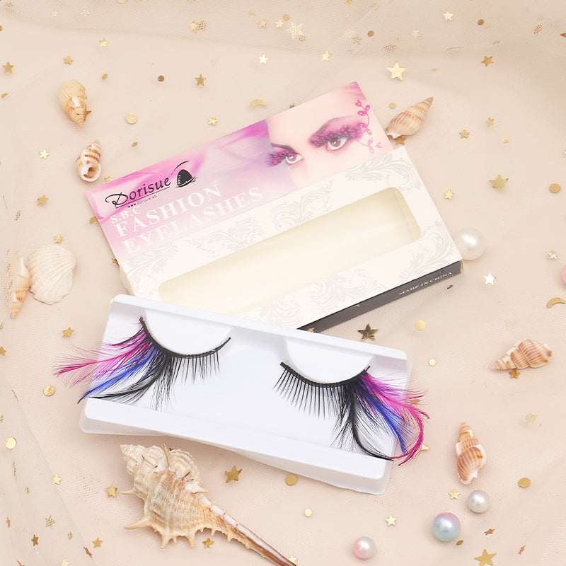 P4 One Pair Red Blue Feathered Eyelashes Coloured Rainbow show False Eyelash