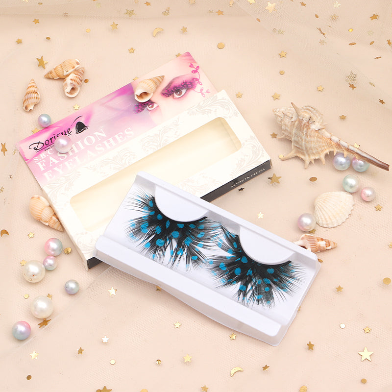 Feather Eyelashes Teal Blue Dot — Peacock Pattern False Lashes for Mermaid Cosplay, Ocean Festival, Alt Beauty Editorial, Dark Fantasy Events, Reusable (Teal/Lake Blue)