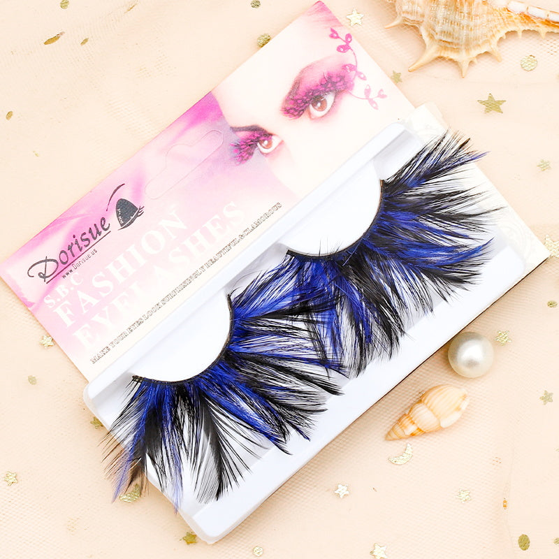 Dorisue Halloween eyelashes Double Lip Black with Blue Big Extra Long Feather eyelashes Long and Thick Exaggerated False Eyelashes Extension for Women Girls Cosplay Fancy Ball Halloween (Blue) P23