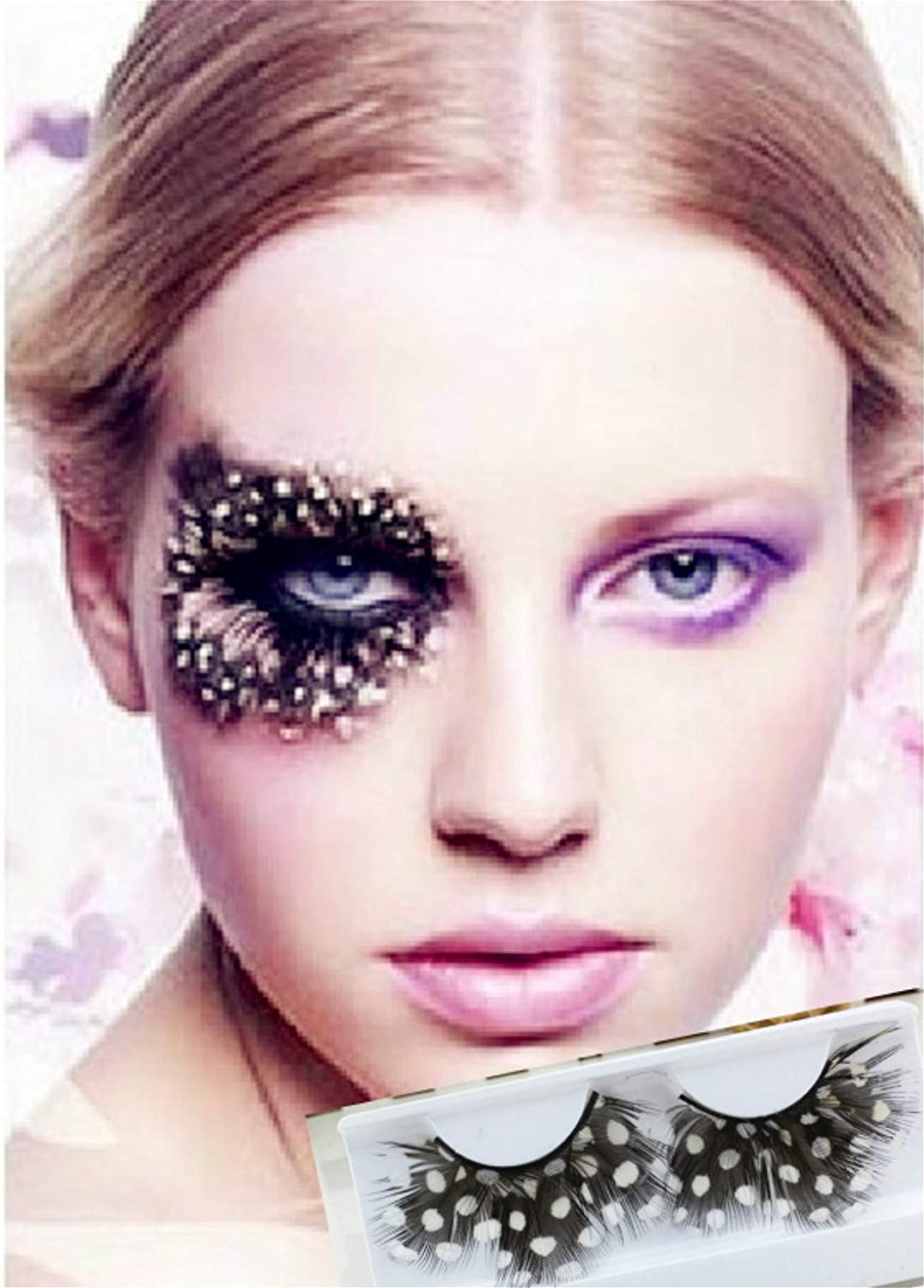 Dorisue Black White Dot Feather Eyelashes — Editorial High Fashion False Lashes for Ocean Theme, Alt Runway, Art Events
