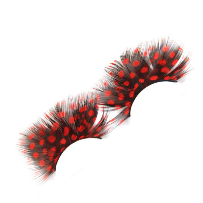Dorisue Feather Eyelashes Red Black Dot — Gothic Pattern False Lashes for Editorial Photography, Dark Themed Events, Alternative Fashion, Cosplay, Theatrical, Reusable (Red/Black)P20