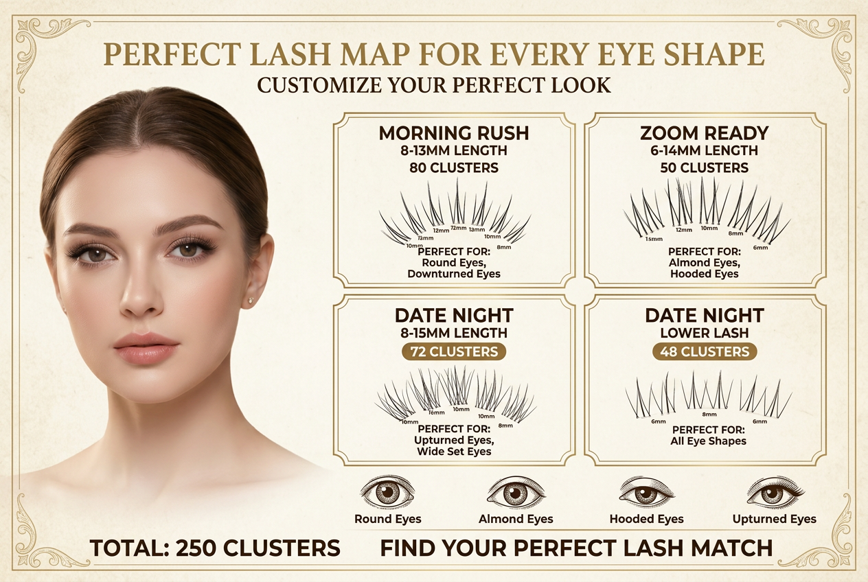 Dorisue Pre-Glued Lash Clusters Kit 250Pcs – 4 Styles Upper & Lower Lashes No Glue Needed Self Adhesive, C Curl Wispy Natural Volume with Tweezers & Backup Glue, Reusable (Old Money)