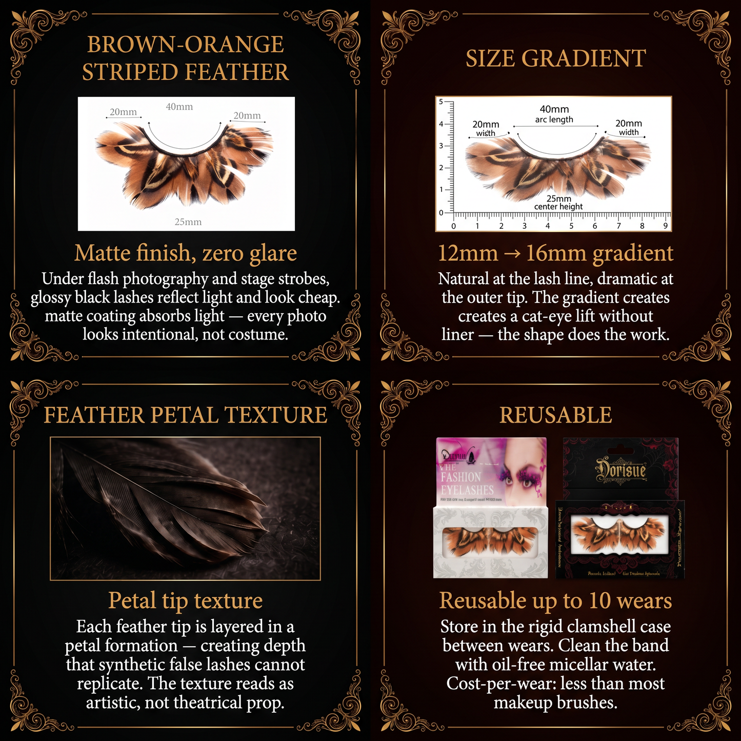 Tiger Stripe Feather Eyelashes — Natural Pattern Petal Fan False Lashes for Editorial Photography, Wild Aesthetic, Performance Art, Cosplay, Reusable