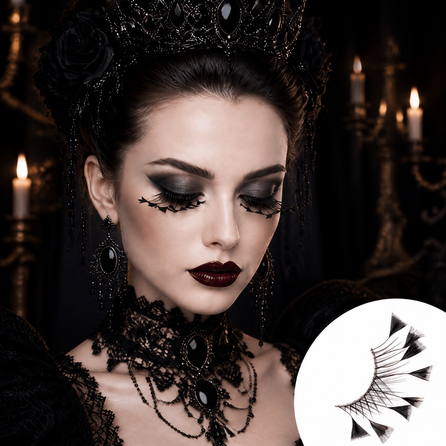 Dorisue Midnight Lace Feather Eyelashes — Geometric Dark Web Design False Lashes for Gothic Events, Cosplay, Theatrical Performance, Alternative Fashion, Reusable (Black)