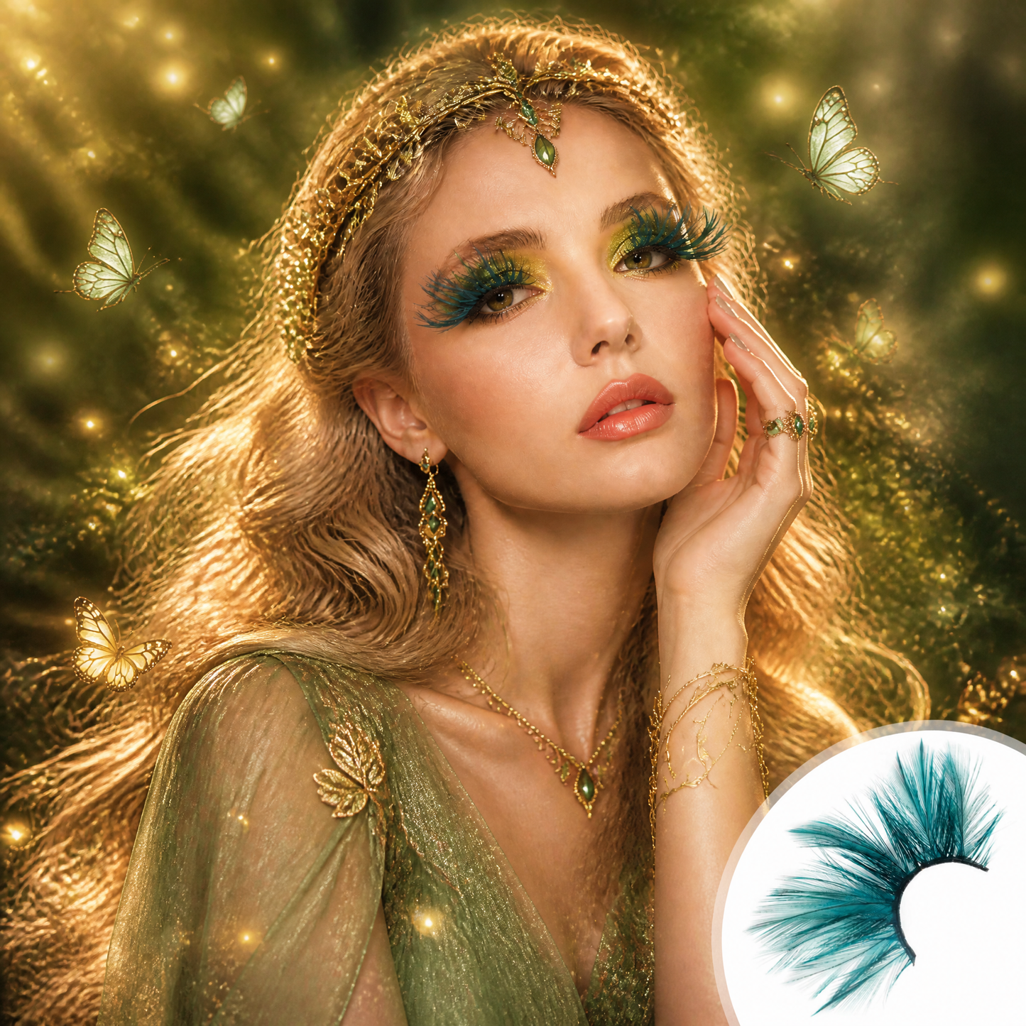 Dorisue Feather Eyelashes Green Spike — Enchanted Witch Cosplay False Lashes for Dark Fantasy, TikTok Alt Beauty, Alternative Fashion, Theatrical Events, Reusable (Green)