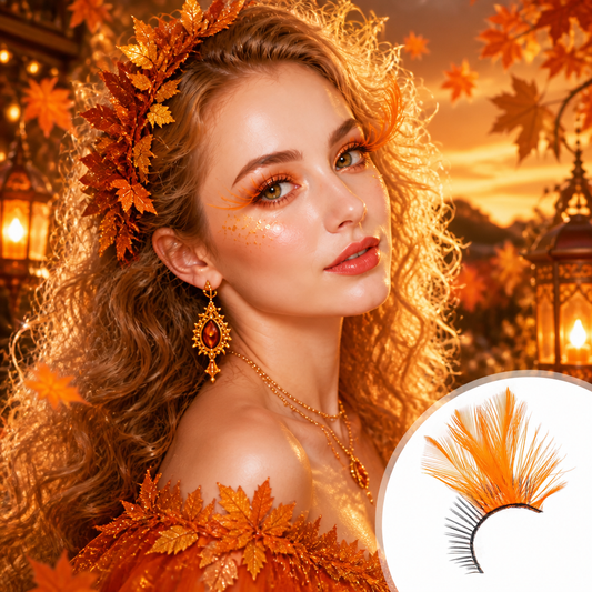 Feather Eyelashes Orange Cat Eye — Autumn Festival Gradient False Lashes for Cosplay, Dark Themed Events, Fire Aesthetic, Halloween, Alternative Fashion, Reusable (Orange)