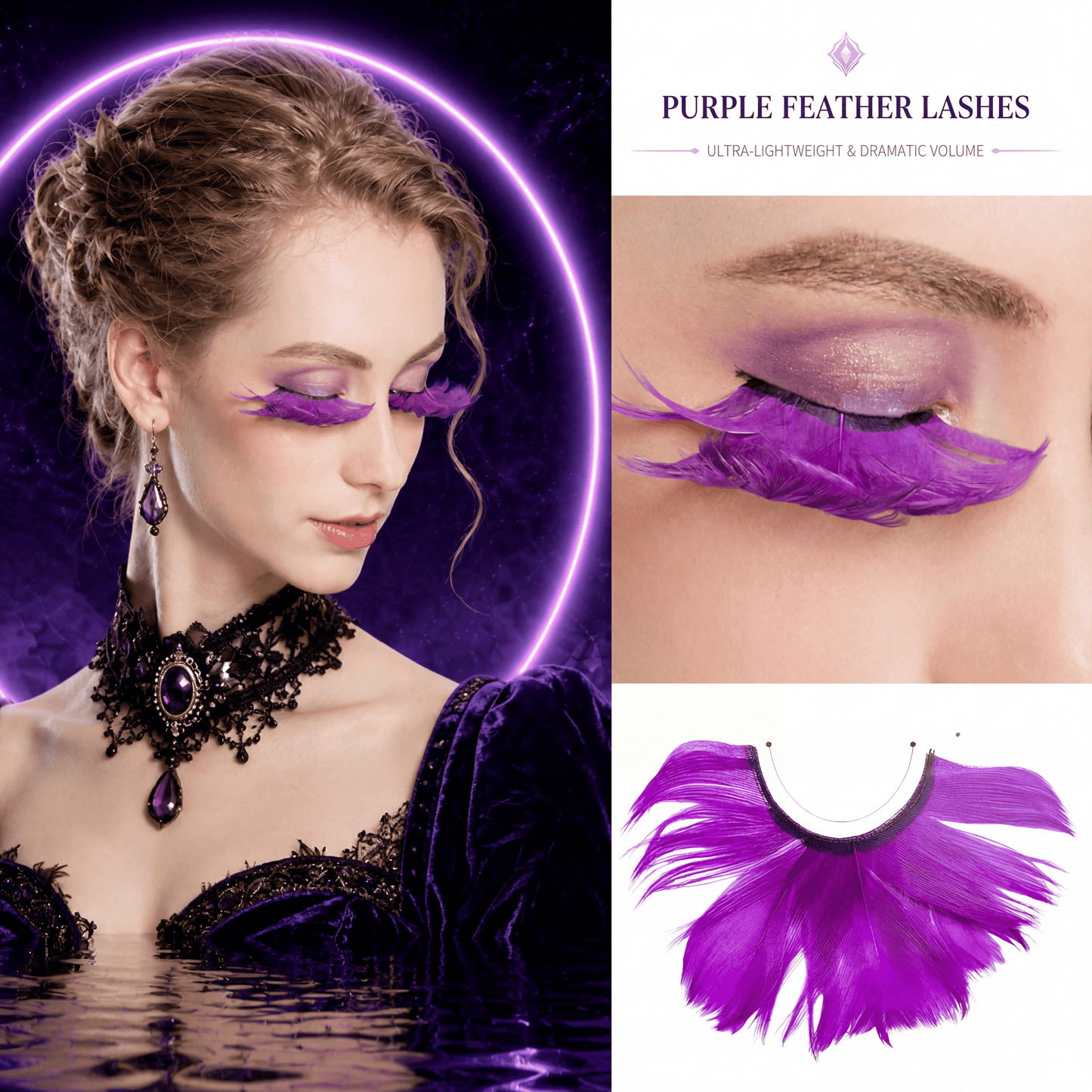 Feather Eyelashes Purple — Magical Dark Petal Fan False Lashes for Gothic Lolita Cosplay, Dark Fantasy Events, Magical Girl, Alternative Fashion, Theatrical, Reusable (Purple)