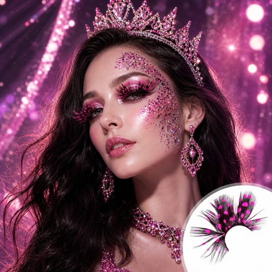 Magenta Polka Dot Feather Eyelashes — Tropical Fuchsia False Lashes for Festival, Rave, Alt Fashion Editorial