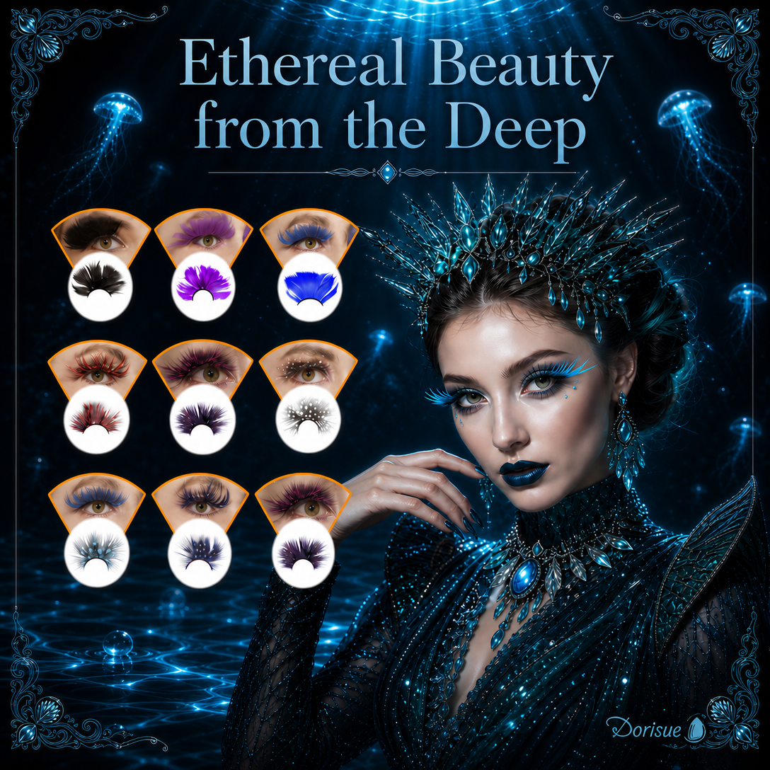 Dorisue Black White Dot Feather Eyelashes — Editorial High Fashion False Lashes for Ocean Theme, Alt Runway, Art Events