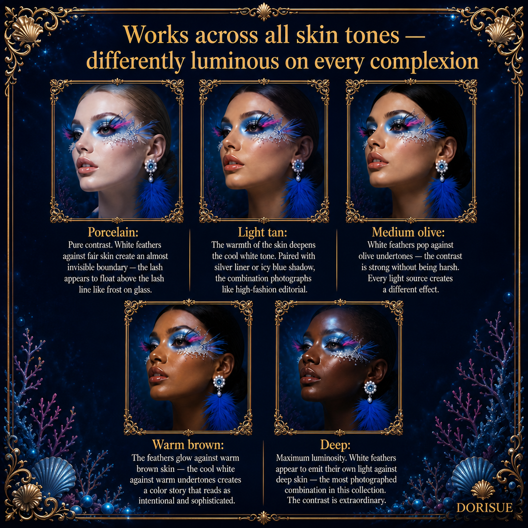 Dorisue Black White Dot Feather Eyelashes — Editorial High Fashion False Lashes for Ocean Theme, Alt Runway, Art Events