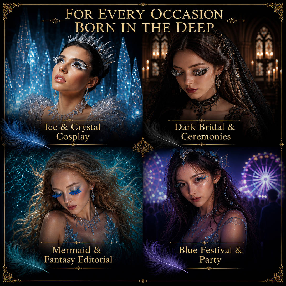 Dorisue Black White Dot Feather Eyelashes — Editorial High Fashion False Lashes for Ocean Theme, Alt Runway, Art Events