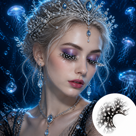 Dorisue Black White Dot Feather Eyelashes — Editorial High Fashion False Lashes for Ocean Theme, Alt Runway, Art Events
