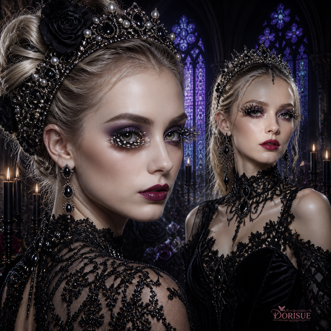 Dorisue Black White Dot Feather Eyelashes — Editorial High Fashion False Lashes for Ocean Theme, Alt Runway, Art Events
