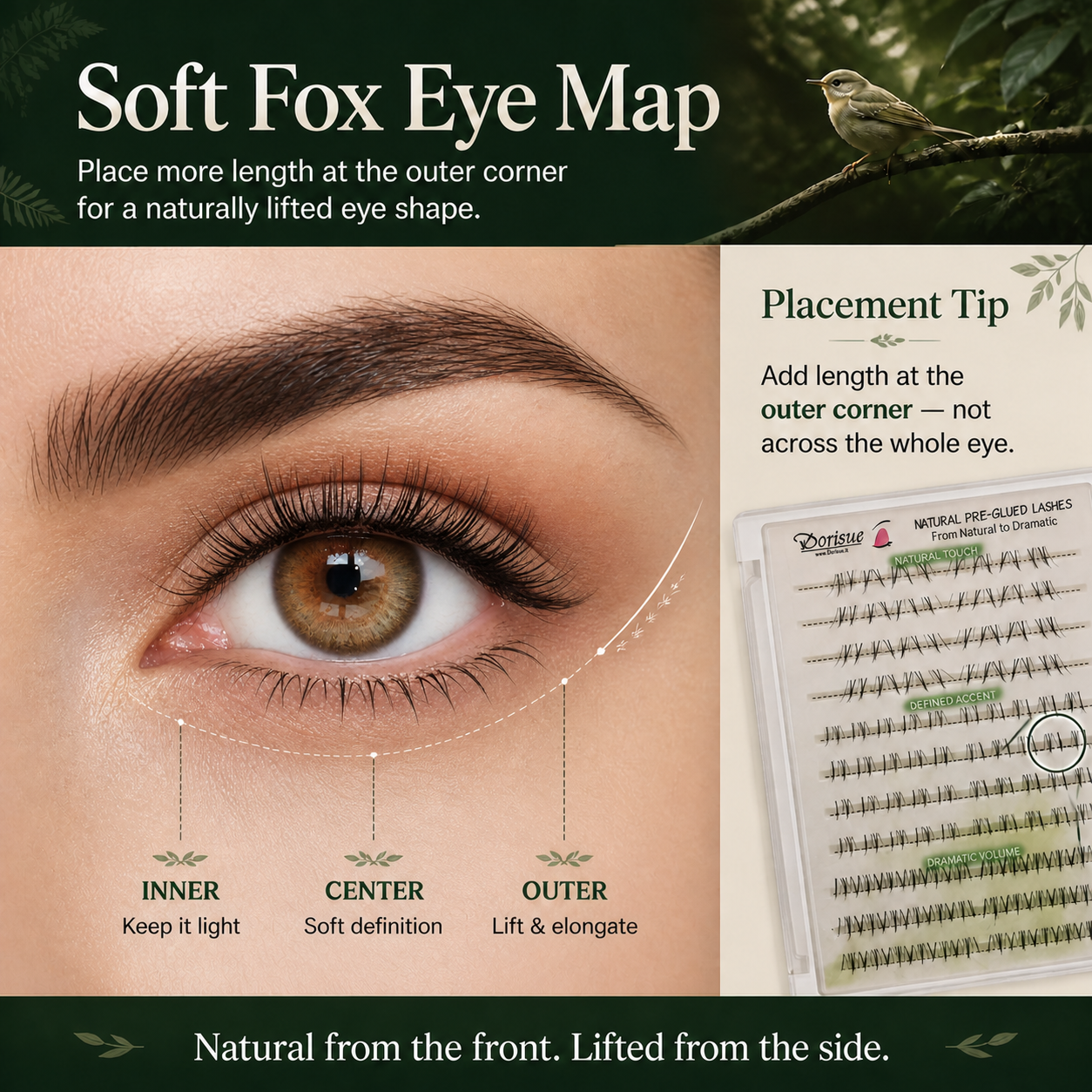 DORISUE Pre-Glued Fox Eye Lash Clusters & Bottom Lashes – –3 Style Natural Wispy No Glue Needed, 120 Pcs Wispy Lower Lash Kit for Almond Eyes, with Tweezers & Backup Glue, Reusable