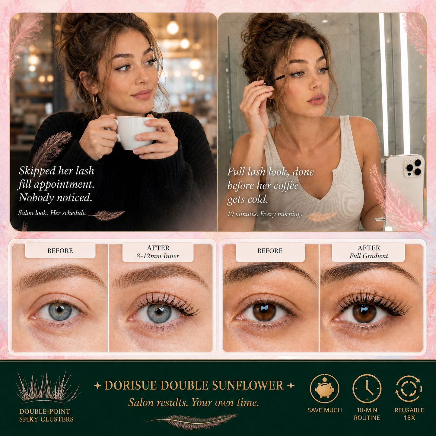 Dorisue Pre-Glued Lash Clusters – Self Adhesive Double-Point Wispy Individual Eyelashes No Glue Needed, Cat Eye Volume Kit with Tweezers & Backup Glue, 90Pcs Reusable (Sunflower)