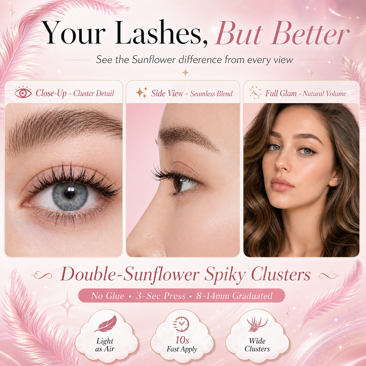 Dorisue Pre-Glued Lash Clusters – Self Adhesive Double-Point Wispy Individual Eyelashes No Glue Needed, Cat Eye Volume Kit with Tweezers & Backup Glue, 90Pcs Reusable (Sunflower)