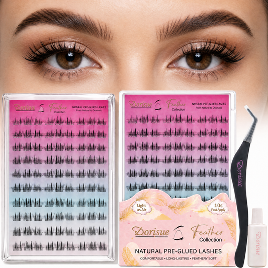 Dorisue Pre-Glued Lash Clusters – Self Adhesive Double-Point Wispy Individual Eyelashes No Glue Needed, Cat Eye Volume Kit with Tweezers & Backup Glue, 90Pcs Reusable (Sunflower)