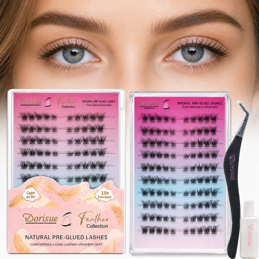 Dorisue Pre-Glued Cat Eye Lash Clusters – 5 Lengths 8–16mm Self Adhesive Individual Eyelashes No Glue Needed, Graduated Volume Professional Kit with Tweezers & Backup Glue, 100Pcs Reusable