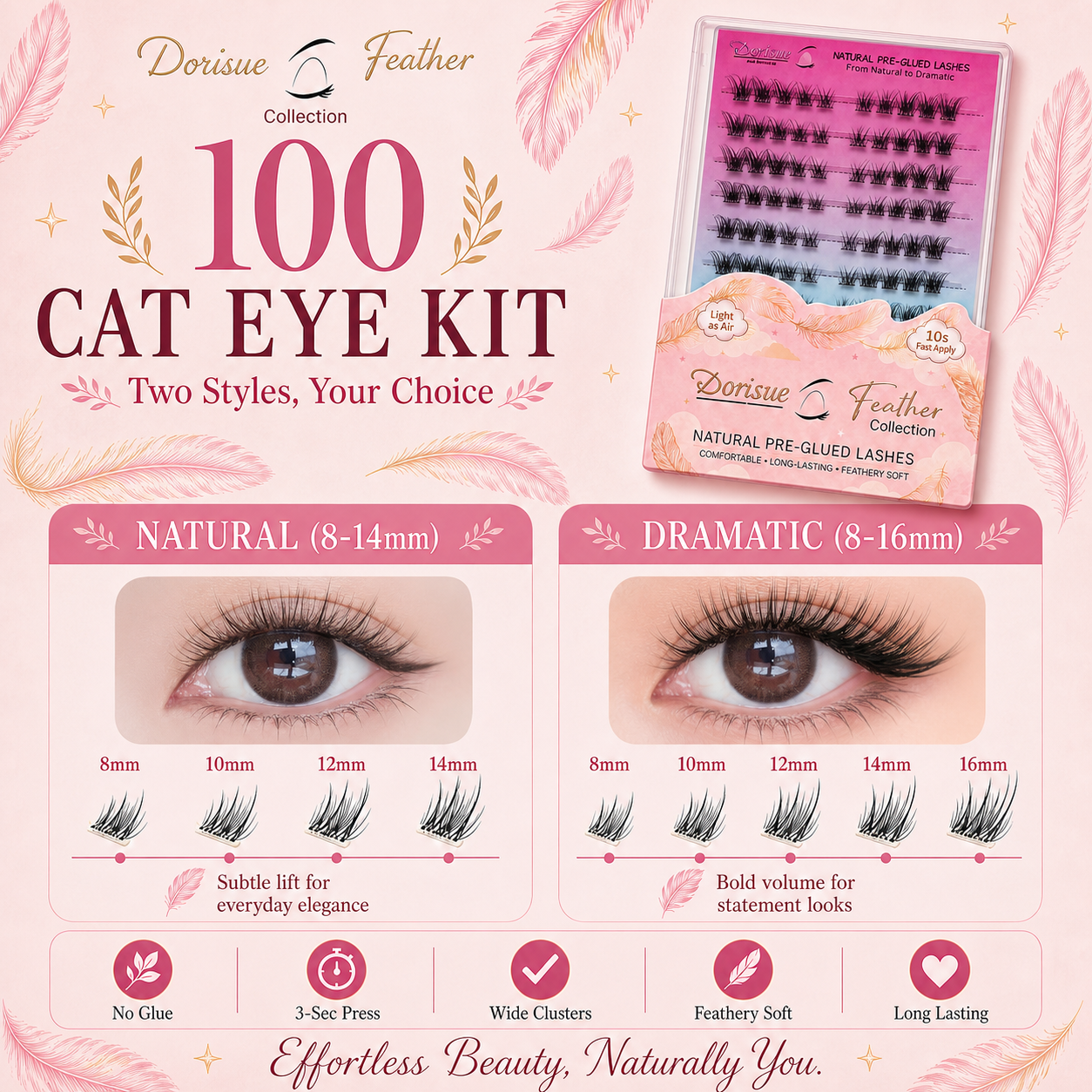 Dorisue Pre-Glued Cat Eye Lash Clusters – 5 Lengths 8–16mm Self Adhesive Individual Eyelashes No Glue Needed, Graduated Volume Professional Kit with Tweezers & Backup Glue, 100Pcs Reusable
