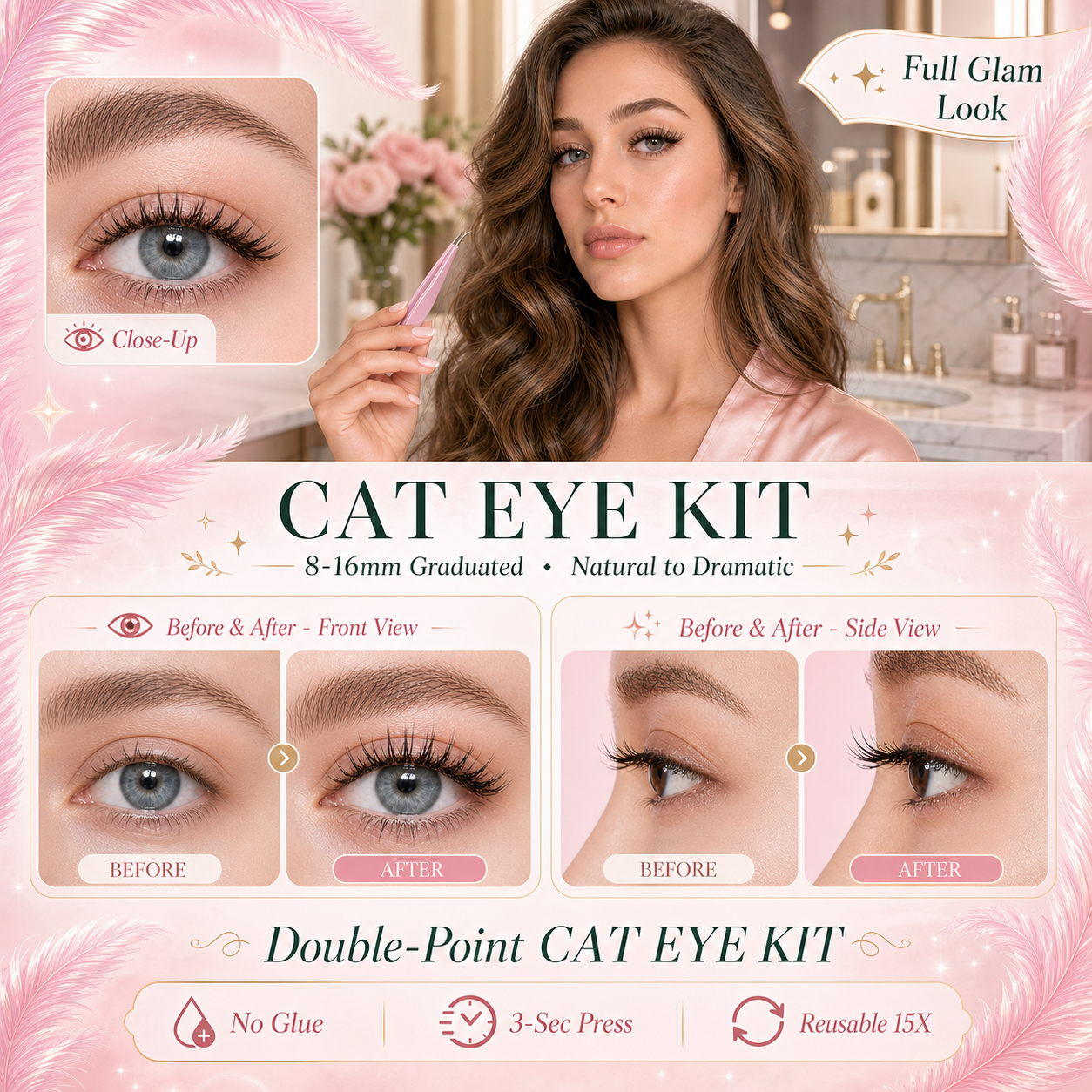 Dorisue Pre-Glued Cat Eye Lash Clusters – 5 Lengths 8–16mm Self Adhesive Individual Eyelashes No Glue Needed, Graduated Volume Professional Kit with Tweezers & Backup Glue, 100Pcs Reusable