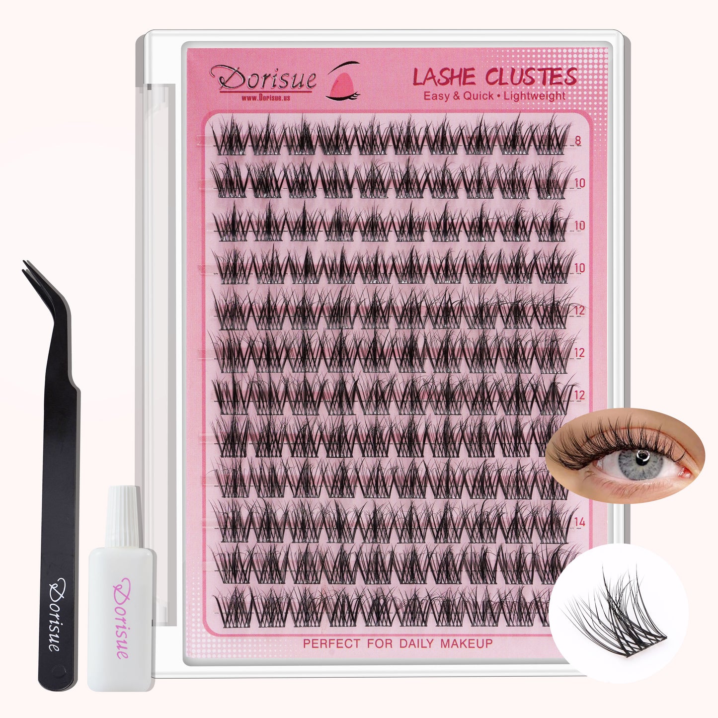 Dorisue Cluster Lashes Kit for Beginners 120PCS 5D Dense Volume 0.05mm Invisible Band 3-Step Easy Application Sleep Safe Waterproof Full Glam Look with Precision Tweezers and Mini Glue