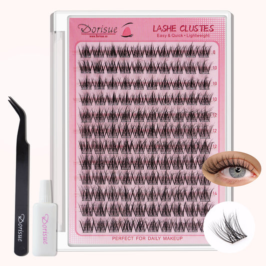 Dorisue Cluster Lashes Kit for Beginners 120PCS 5D Dense Volume 0.05mm Invisible Band 3-Step Easy Application Sleep Safe Waterproof Full Glam Look with Precision Tweezers and Mini Glue