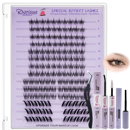 Dorisue Ombre Cluster Lashes Kit 140PCS Wide 4 Styles Mixed Gradient D Curl Dramatic Volume 3-Step Beginner Friendly Bond Seal Remover Tweezers Long Lasting 7-10 Days