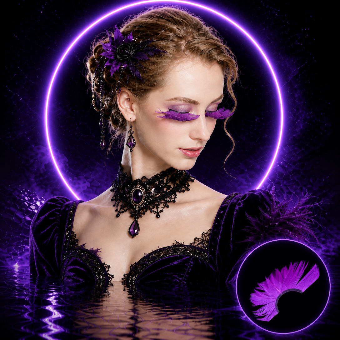 Feather Eyelashes Purple — Magical Dark Petal Fan False Lashes for Gothic Lolita Cosplay, Dark Fantasy Events, Magical Girl, Alternative Fashion, Theatrical, Reusable (Purple)