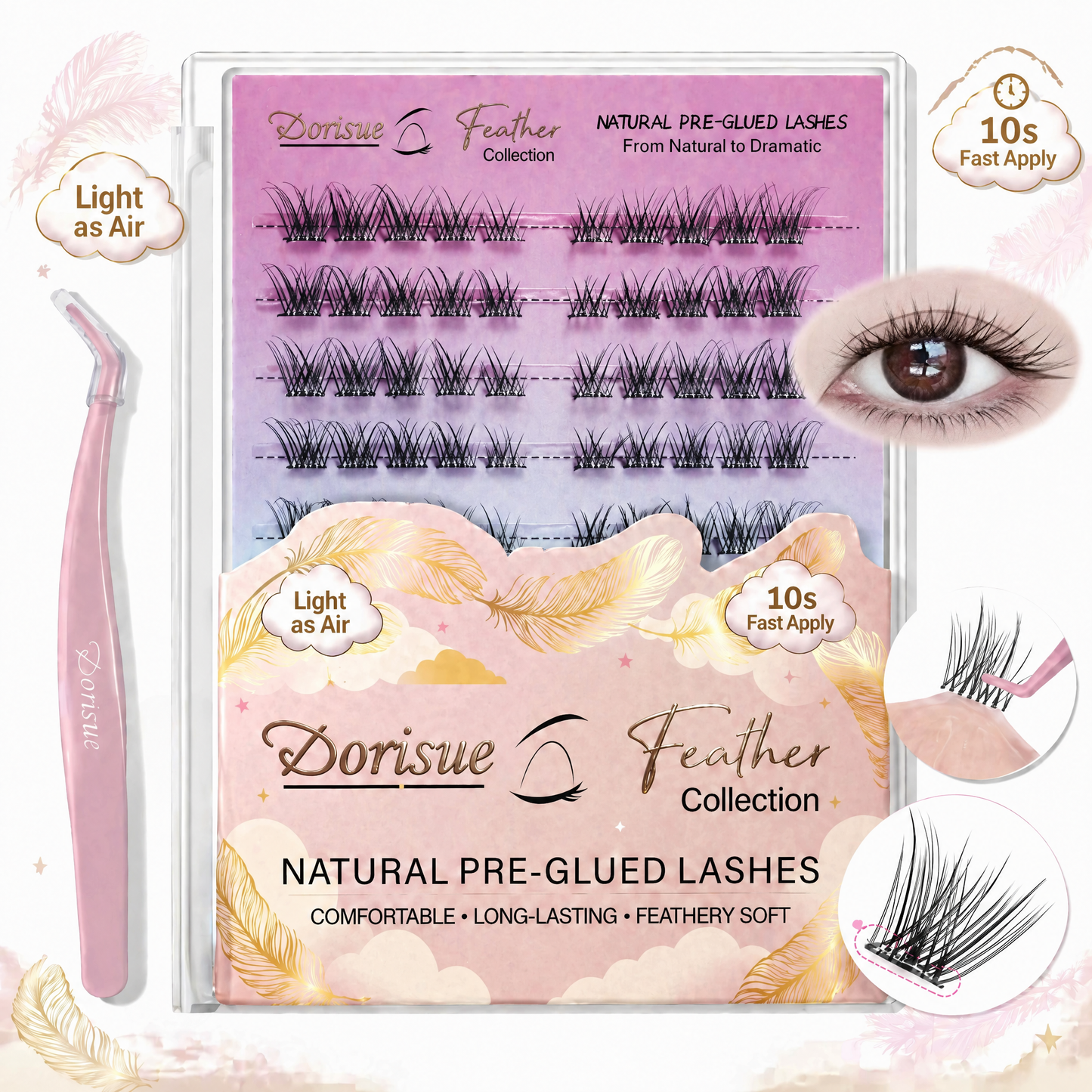 Dorisue Pre-Glued Cat Eye Lash Clusters – 5 Lengths 8–16mm Self Adhesive Individual Eyelashes No Glue Needed, Graduated Volume Professional Kit with Tweezers & Backup Glue, 100Pcs Reusable