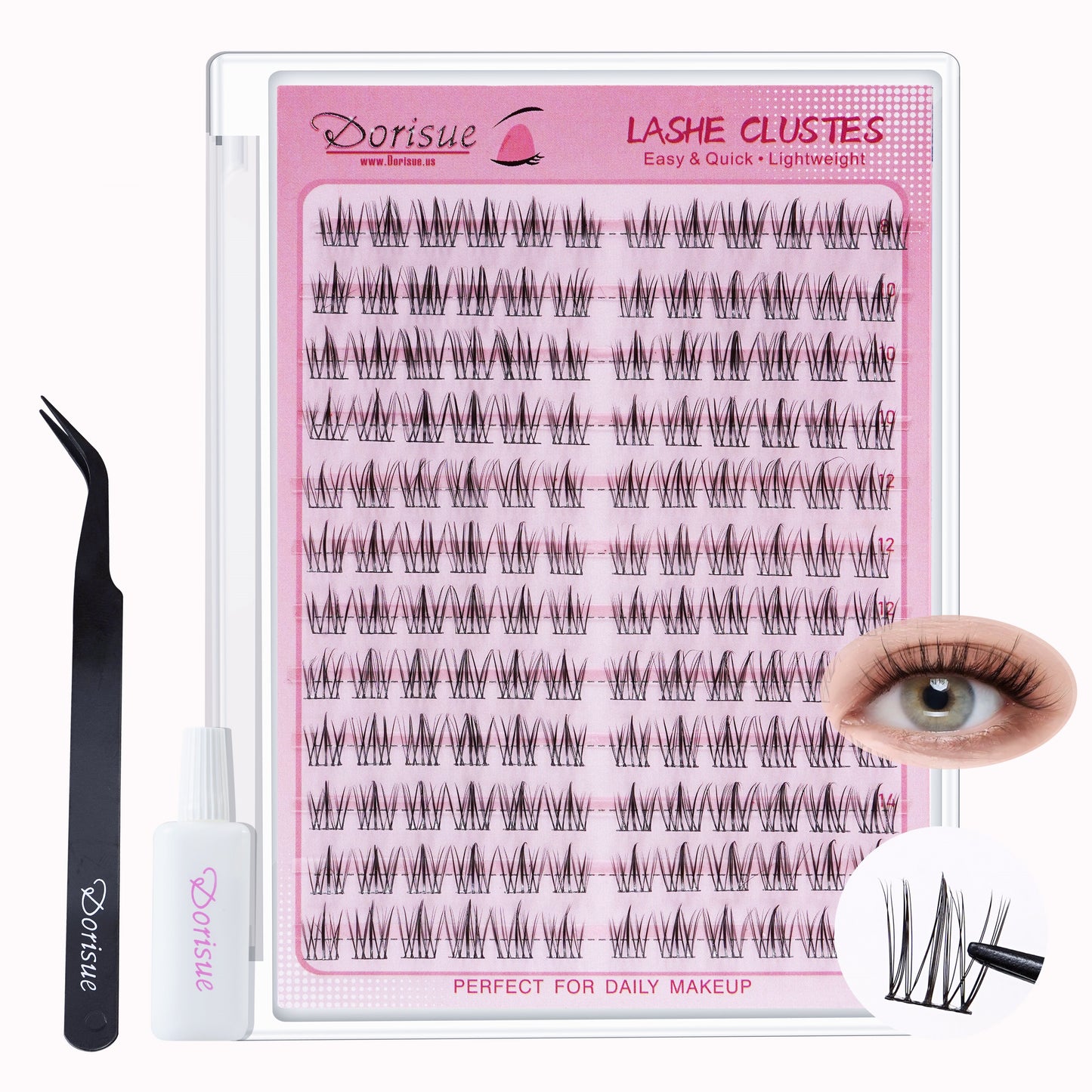 Dorisue Sunflower Lash Clusters Kit 144PCS 8-14mm Sunflower Effect 0.05mm Invisible Band Ultra Soft Natural Daily Wear 15-Week Value Pack with Precision Tweezers and Mini Glue