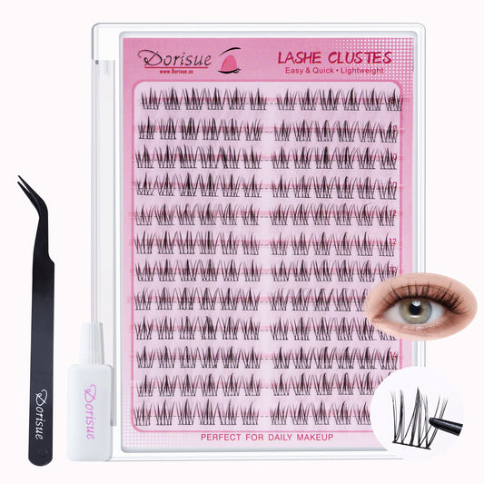 Dorisue Sunflower Lash Clusters Kit 144PCS 8-14mm Sunflower Effect 0.05mm Invisible Band Ultra Soft Natural Daily Wear 15-Week Value Pack with Precision Tweezers and Mini Glue