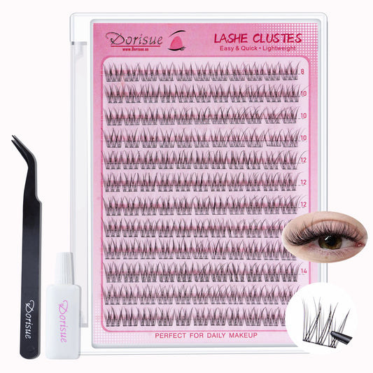 Dorisue Fishtail Cluster Lashes Kit 132PCS 8-14mm Natural Wispy Pointed Tips 0.05mm Invisible Band Professional Grade Adhesive and Precision Tweezers Complete DIY Lash Kit