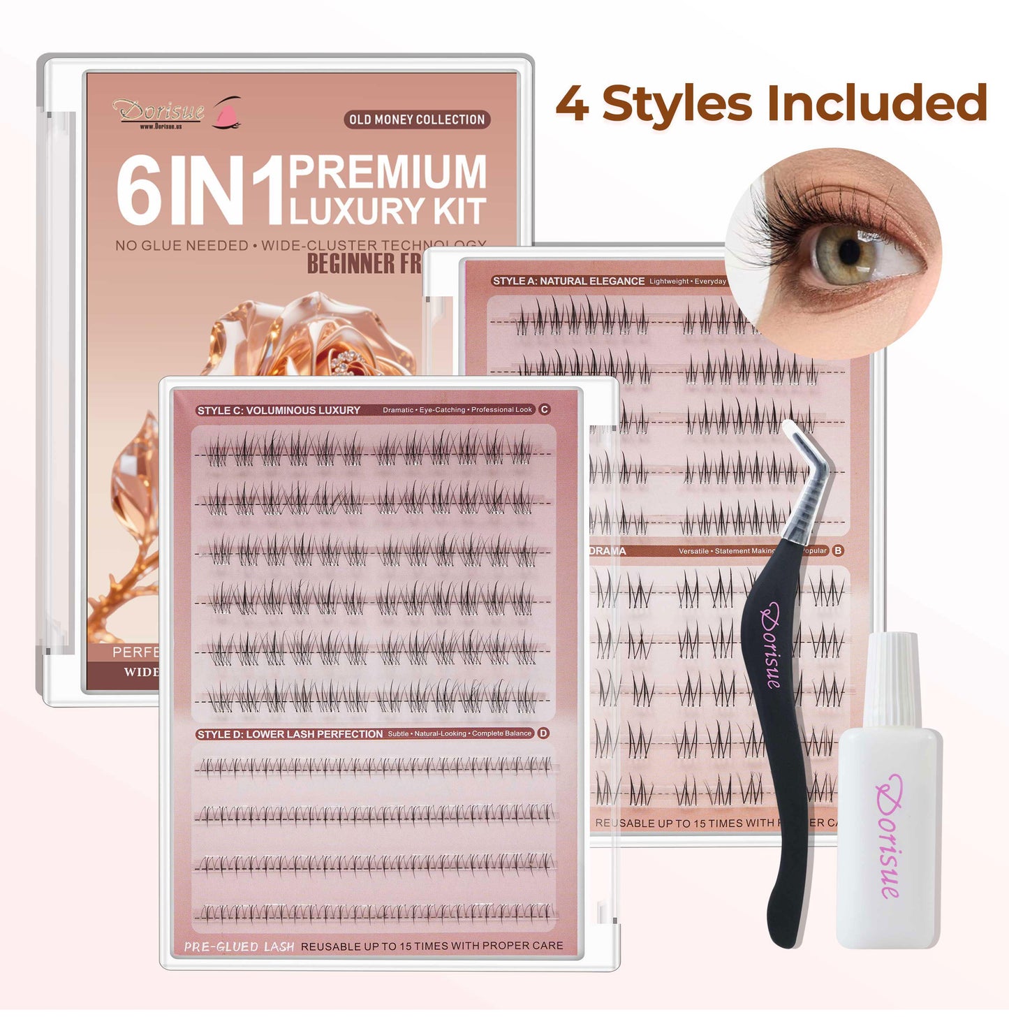Dorisue BROWN Lash Clusters for Blonde Hair Pre-Glued Lash Clusters Kit – 200Pcs 3 Upper & 1 Lower Style No Glue Needed Self Adhesive Individual Eyelashes, Natural Volume C & D Curl with Tweezers & Backup Glue, Reusable (Old Money)