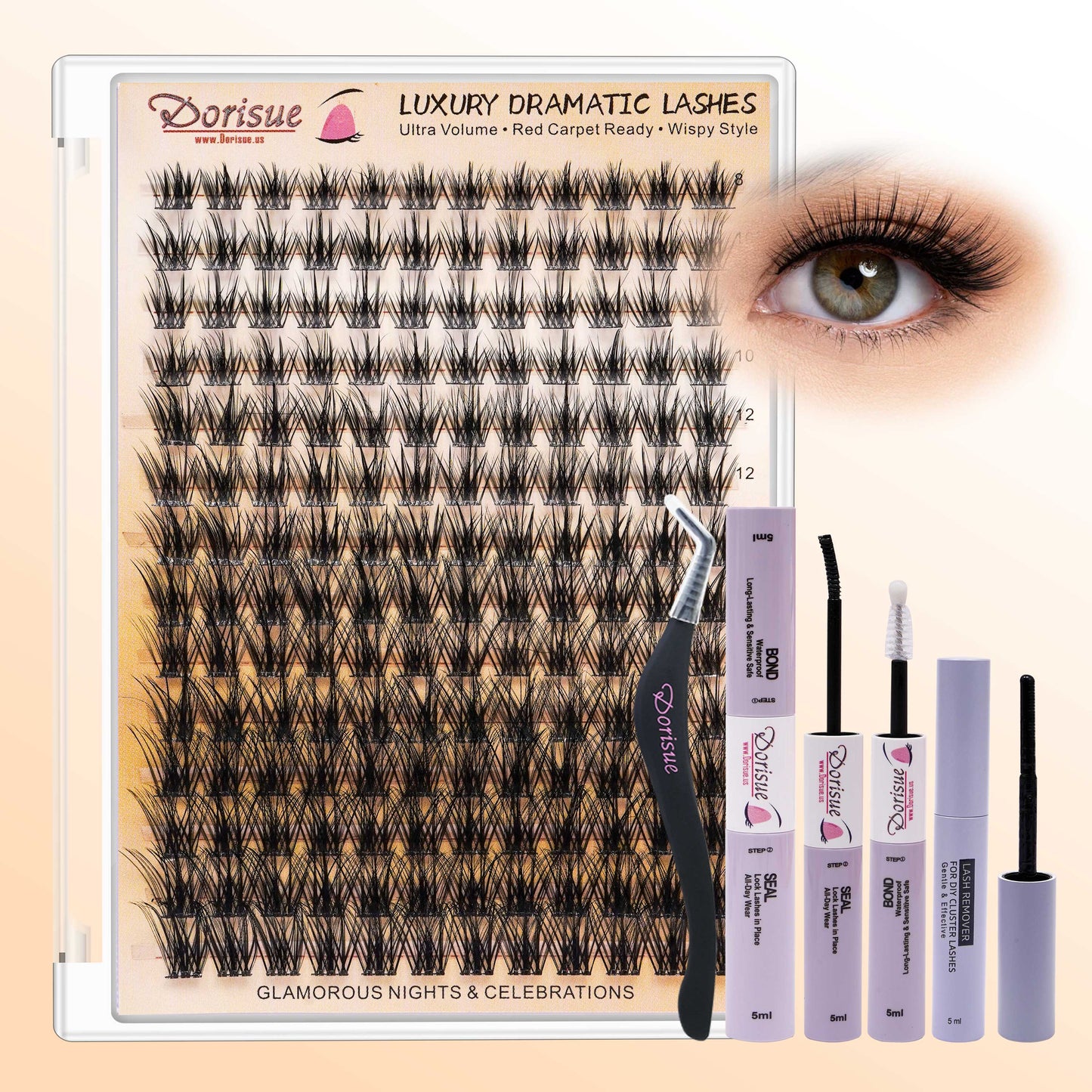 Dorisue Luxury Cluster Lashes Kit 168PCS Premium Ultra-Soft D Curl Dramatic Volume Bond Seal Remover Tweezers Salon Quality Complete DIY Eyelash Extension Kit Reusable 15 Plus Times