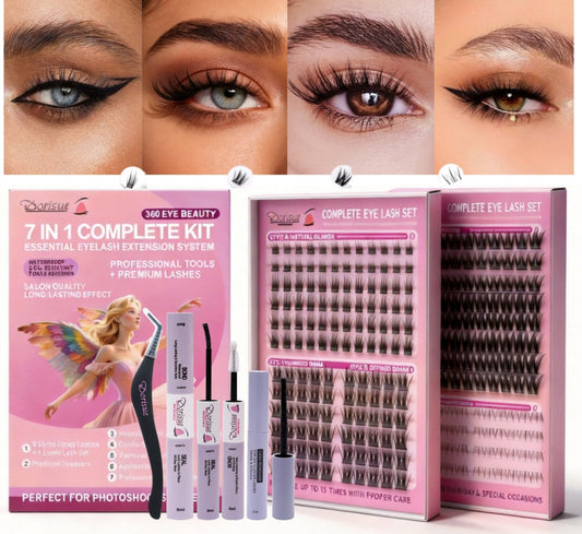 Dorisue Volume Cluster Lashes Kit 268PCS 8-Function 3 Upper 1 Lower Mix Style Dramatic Complete DIY Eyelash Extension Kit Bond Seal Remover Tweezers Reusable Date Night Ready