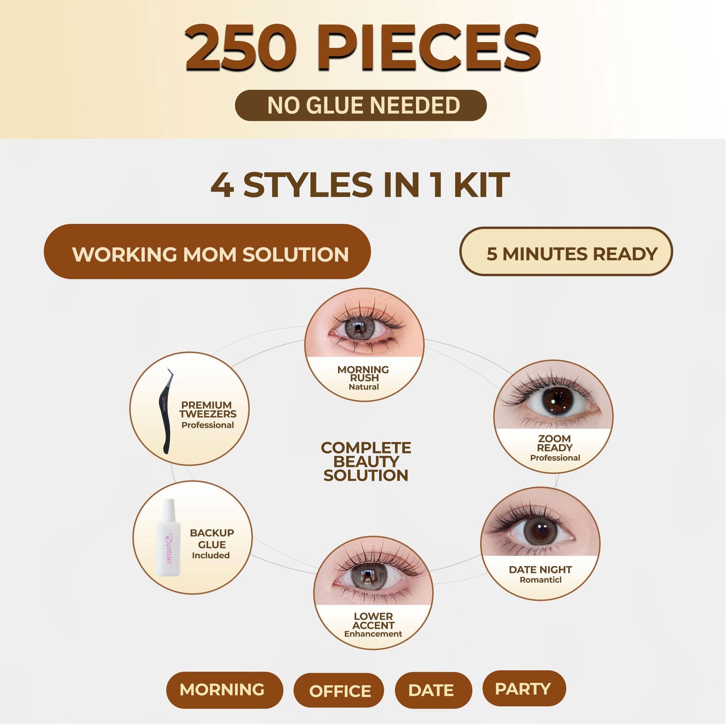 Dorisue BROWN Lash Clusters for Blonde Hair Pre-Glued Lash Clusters Kit – 200Pcs 3 Upper & 1 Lower Style No Glue Needed Self Adhesive Individual Eyelashes, Natural Volume C & D Curl with Tweezers & Backup Glue, Reusable (Old Money)