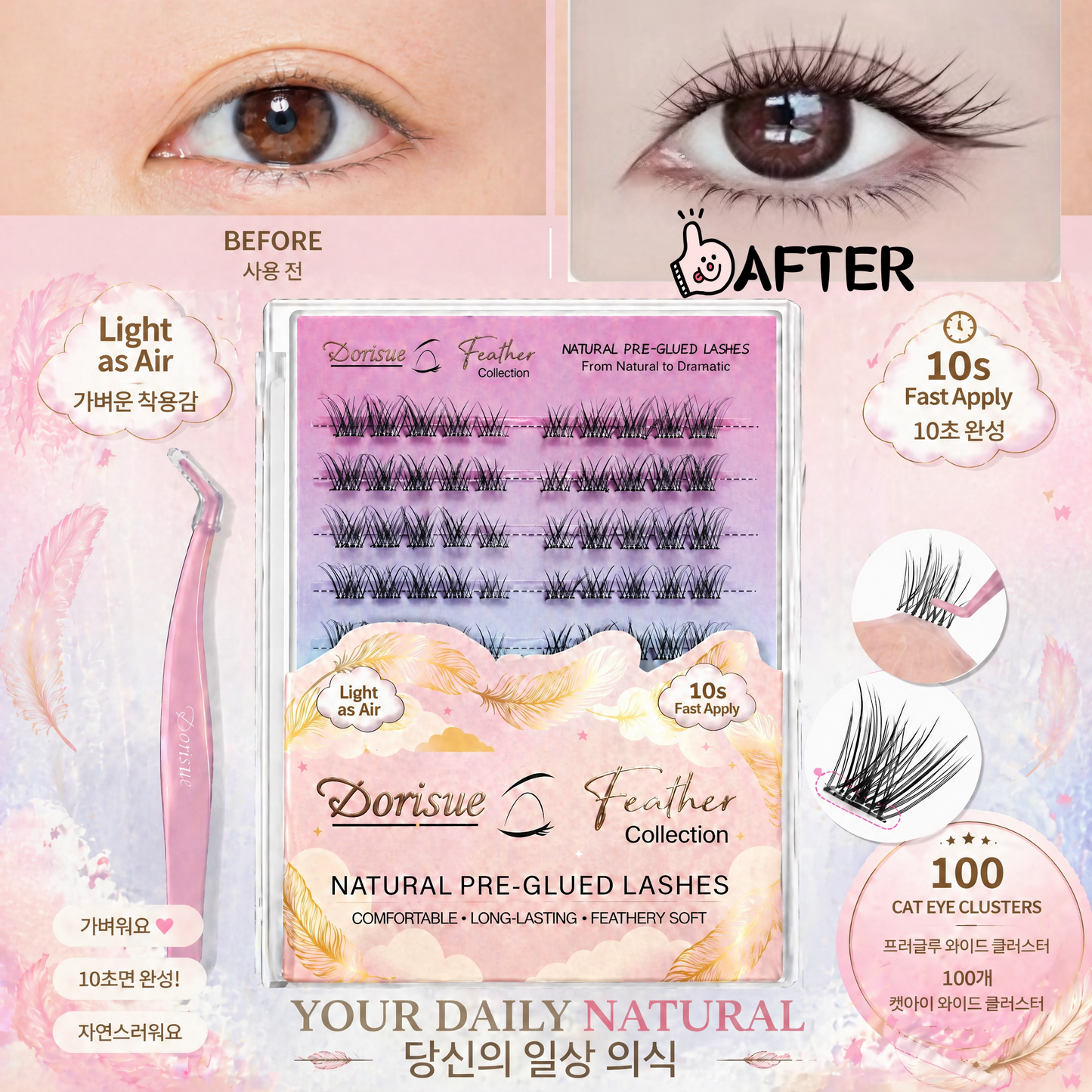 Dorisue Pre-Glued Cat Eye Lash Clusters – 5 Lengths 8–16mm Self Adhesive Individual Eyelashes No Glue Needed, Graduated Volume Professional Kit with Tweezers & Backup Glue, 100Pcs Reusable