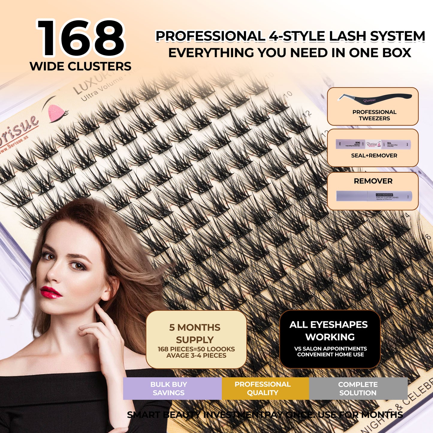 Dorisue Luxury Cluster Lashes Kit 168PCS Premium Ultra-Soft D Curl Dramatic Volume Bond Seal Remover Tweezers Salon Quality Complete DIY Eyelash Extension Kit Reusable 15 Plus Times
