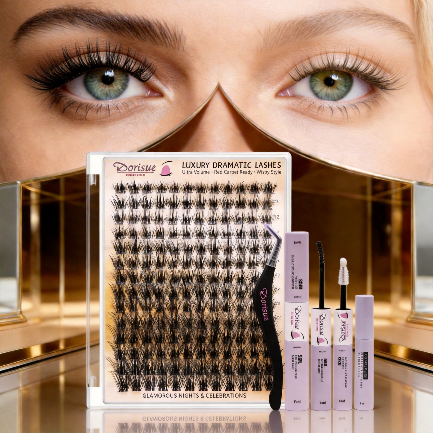 Dorisue Luxury Cluster Lashes Kit 168PCS Premium Ultra-Soft D Curl Dramatic Volume Bond Seal Remover Tweezers Salon Quality Complete DIY Eyelash Extension Kit Reusable 15 Plus Times