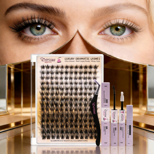 Dorisue Luxury Cluster Lashes Kit 168PCS Premium Ultra-Soft D Curl Dramatic Volume Bond Seal Remover Tweezers Salon Quality Complete DIY Eyelash Extension Kit Reusable 15 Plus Times