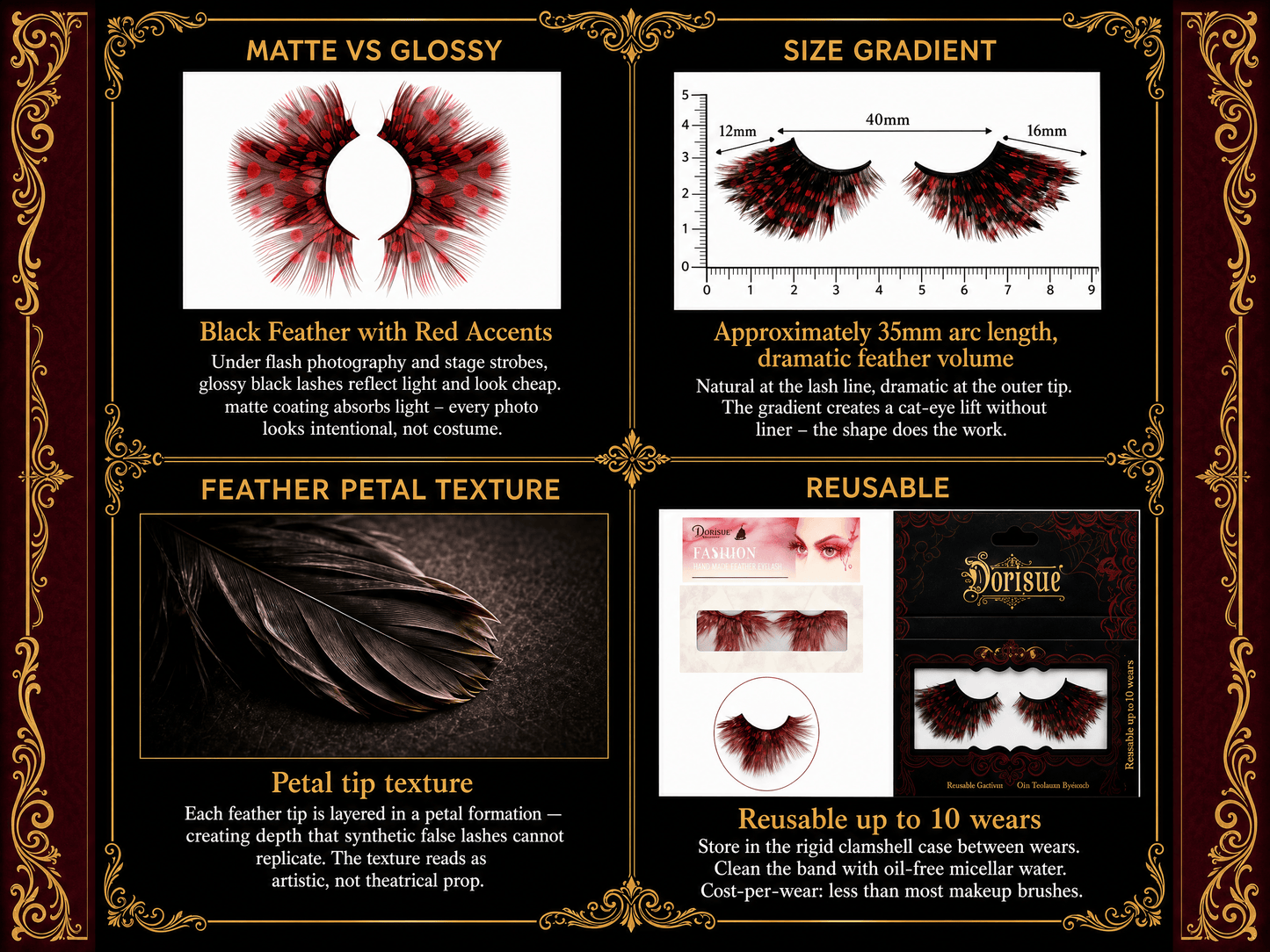 Dorisue Feather Eyelashes Red Black Dot — Gothic Pattern False Lashes for Editorial Photography, Dark Themed Events, Alternative Fashion, Cosplay, Theatrical, Reusable (Red/Black)P20
