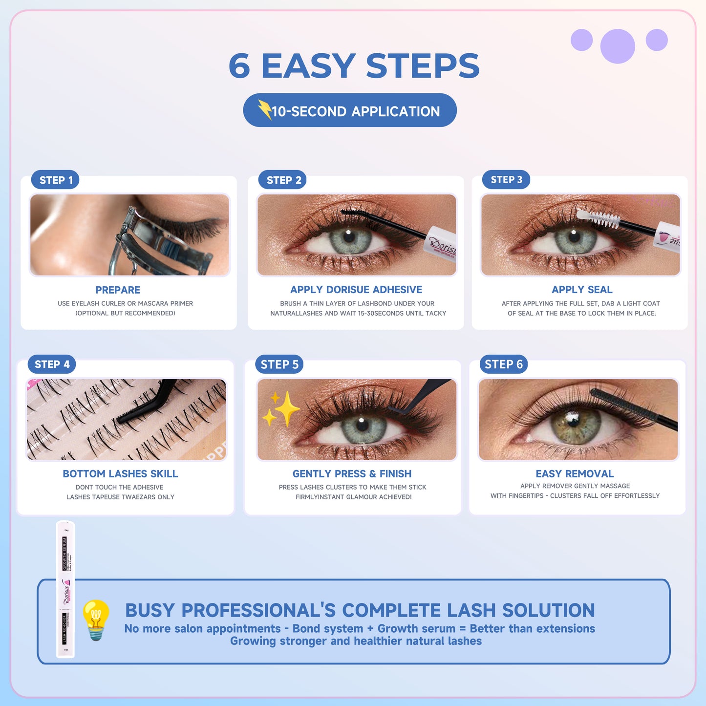 Dorisue Cluster Lashes Kit 168PCS with Lash Growth Serum 3 Upper 1 Lower 8-Function Complete System Bond Seal Remover Tweezers Hypoallergenic Waterproof Korean Style DIY Eyelash Extension Kit