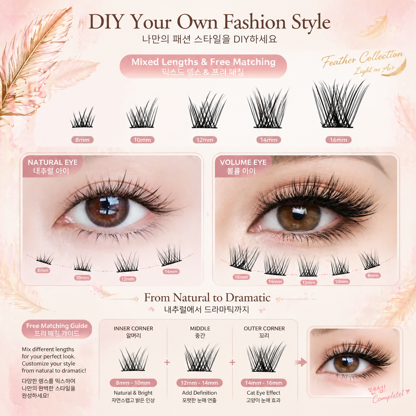 Dorisue Pre-Glued Cat Eye Lash Clusters – 5 Lengths 8–16mm Self Adhesive Individual Eyelashes No Glue Needed, Graduated Volume Professional Kit with Tweezers & Backup Glue, 100Pcs Reusable