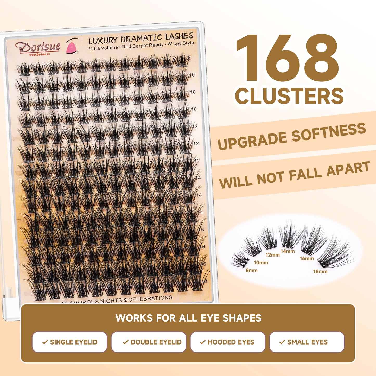Dorisue Luxury Cluster Lashes Kit 168PCS Premium Ultra-Soft D Curl Dramatic Volume Bond Seal Remover Tweezers Salon Quality Complete DIY Eyelash Extension Kit Reusable 15 Plus Times