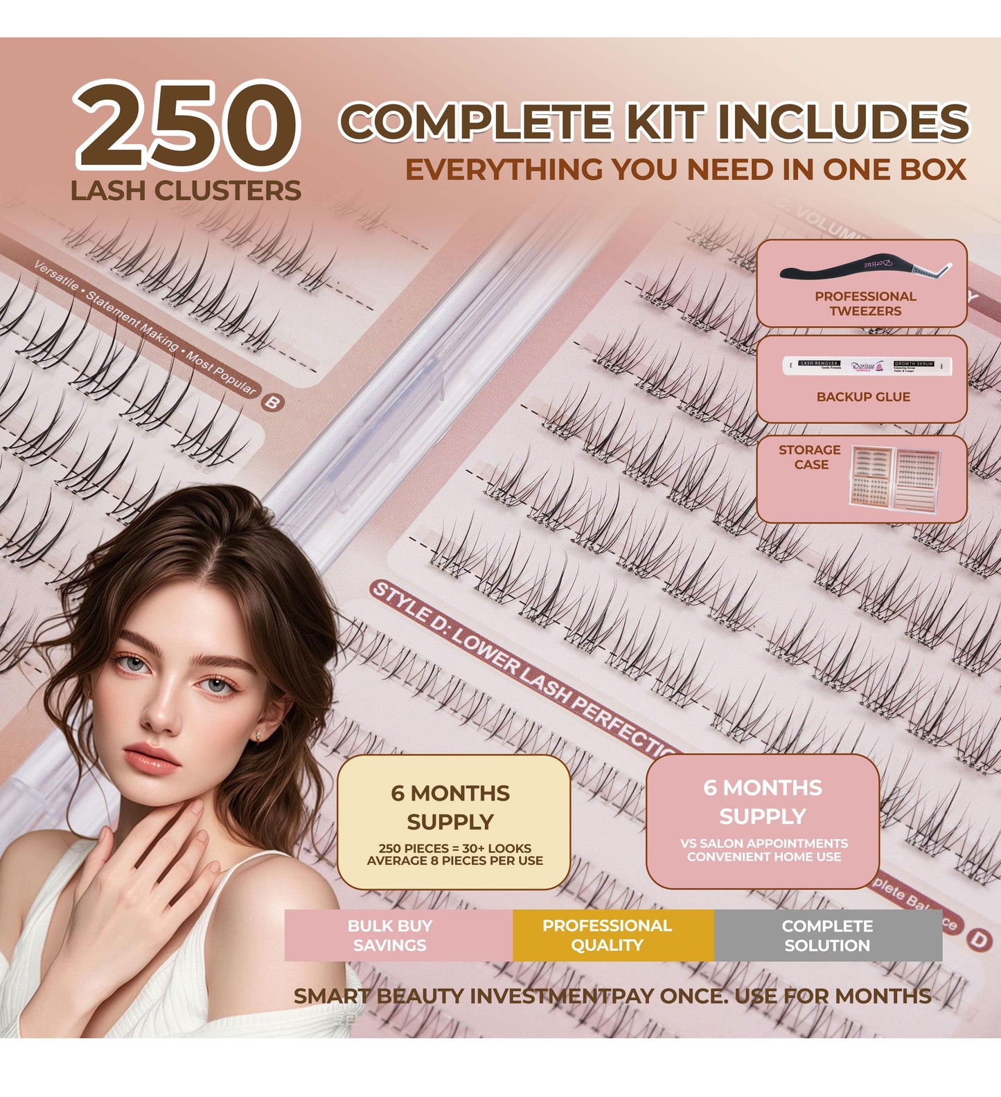 Dorisue BROWN Lash Clusters for Blonde Hair Pre-Glued Lash Clusters Kit – 200Pcs 3 Upper & 1 Lower Style No Glue Needed Self Adhesive Individual Eyelashes, Natural Volume C & D Curl with Tweezers & Backup Glue, Reusable (Old Money)