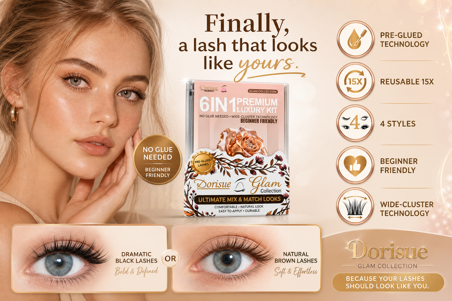 Dorisue Pre-Glued Lash Clusters Kit 250Pcs – 4 Styles Upper & Lower Lashes No Glue Needed Self Adhesive, C Curl Wispy Natural Volume with Tweezers & Backup Glue, Reusable (Old Money)