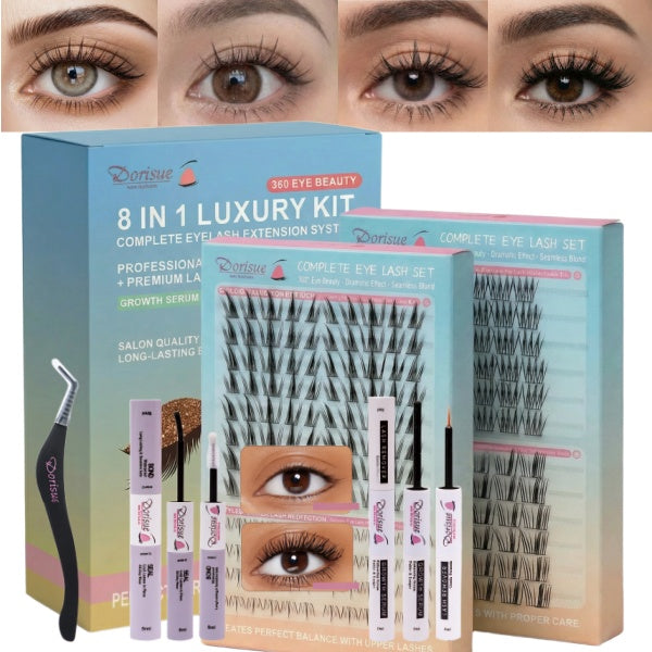Dorisue Cluster Lashes Kit 168PCS with Lash Growth Serum 3 Upper 1 Lower 8-Function Complete System Bond Seal Remover Tweezers Hypoallergenic Waterproof Korean Style DIY Eyelash Extension Kit