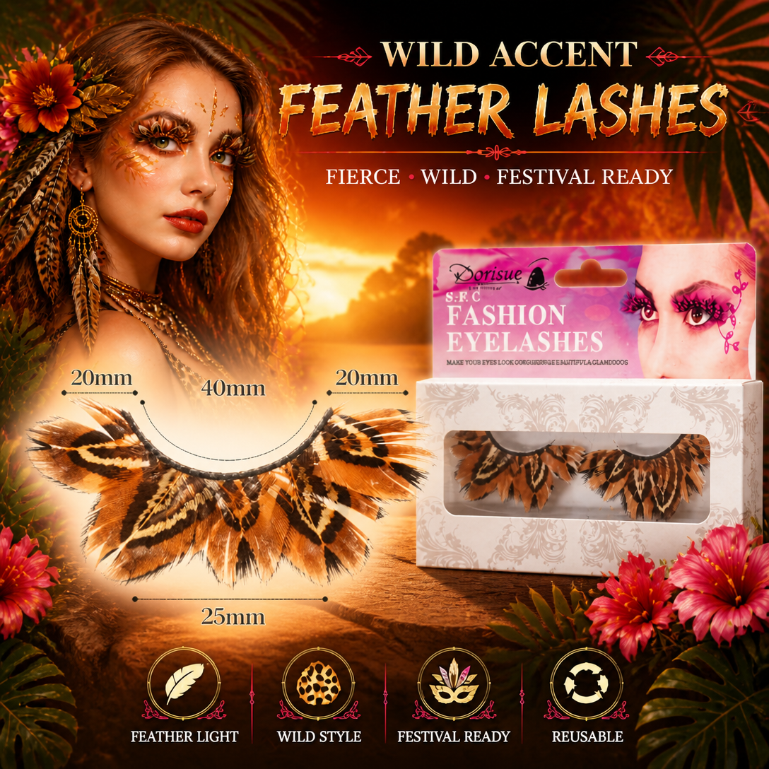 Tiger Stripe Feather Eyelashes — Natural Pattern Petal Fan False Lashes for Editorial Photography, Wild Aesthetic, Performance Art, Cosplay, Reusable