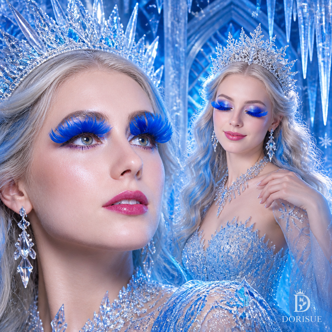 Dorisue Feather Eyelashes Blue — Mermaid Petal Fan False Lashes for Ocean Cosplay, Dark Fantasy Editorial, Festival Events, Alternative Fashion, Theatrical, Reusable (Blue)P22